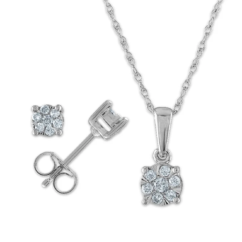 1/4 CTW Diamond Cluster Box Set Earring 18-inch Pendant in 10KT White Gold