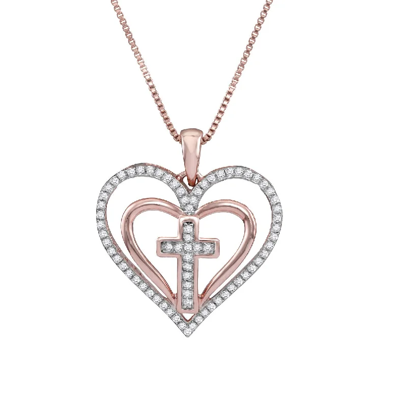 10KT Rose Gold 1/5 CTW Diamond 18-inch Cross Heart Pendant