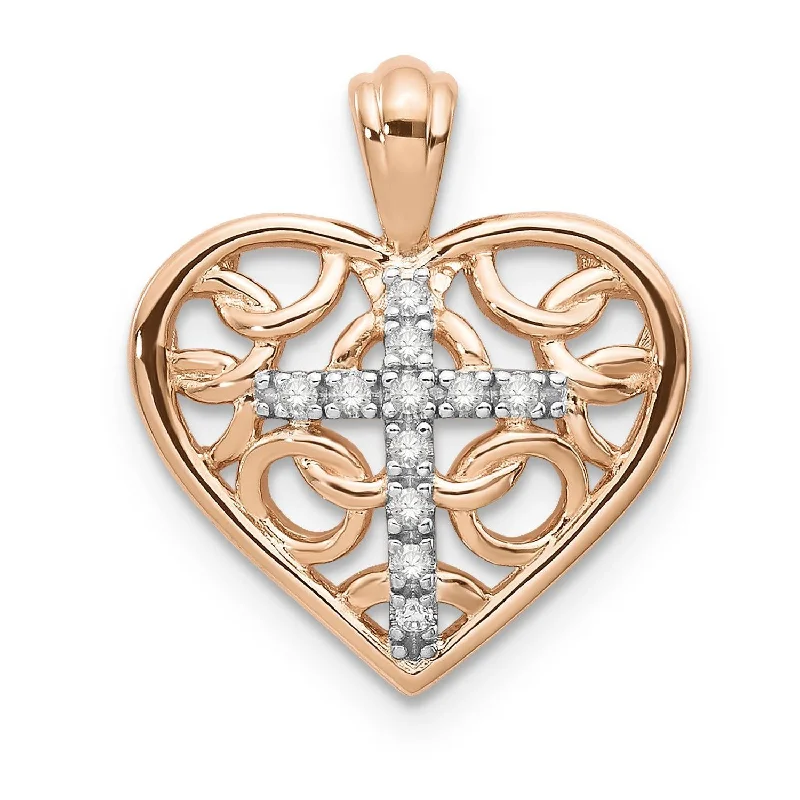 10KT Two-Tone White and Rose Gold Diamond 18-inch Cross Heart Pendant