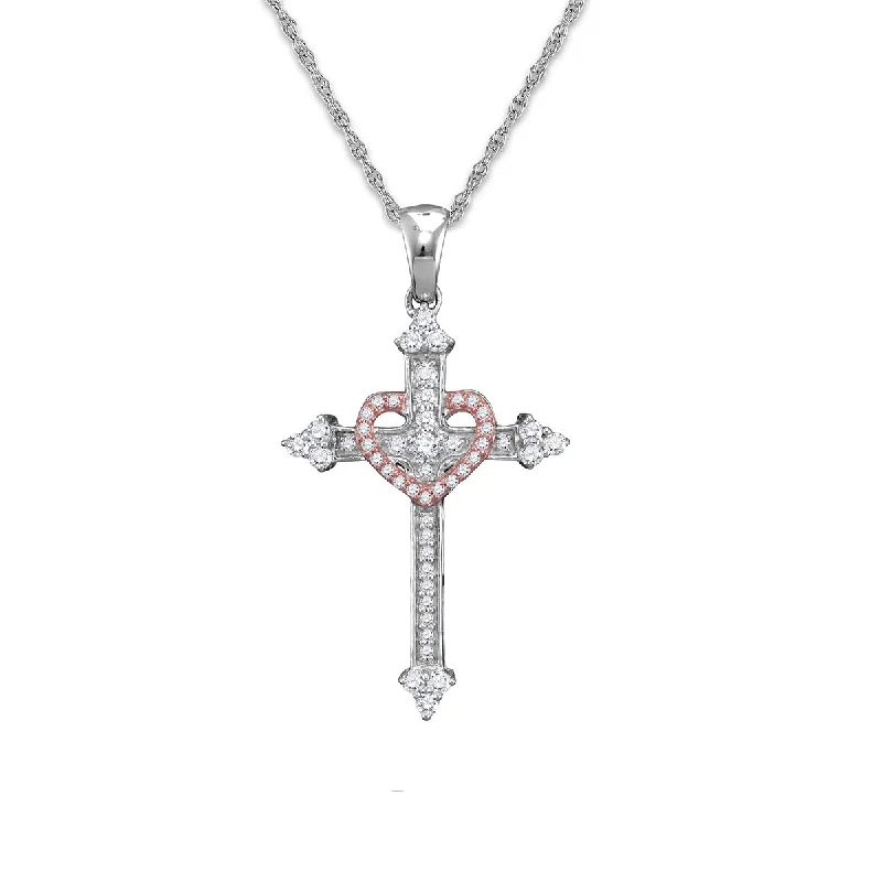 10KT White and Rose Gold 1/2 CTW 18-inch Cross Heart Pendant