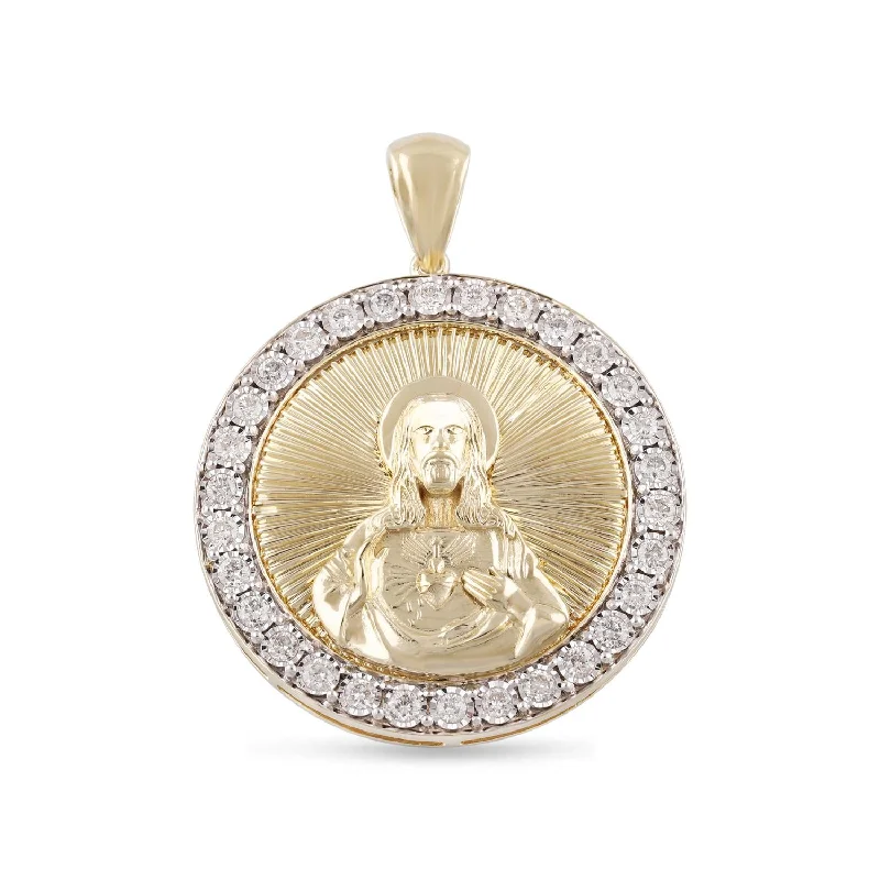 10KT White and Yellow Gold 1-1/4 CTW Round Diamond 35MM Religious Sacred Heart of Jesus Pendant. Chain Not Included