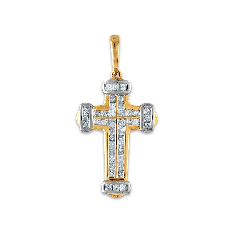 10KT White and Yellow Gold 1 CTW Diamond 36X17MM Cross Pendant. Chain Not Included