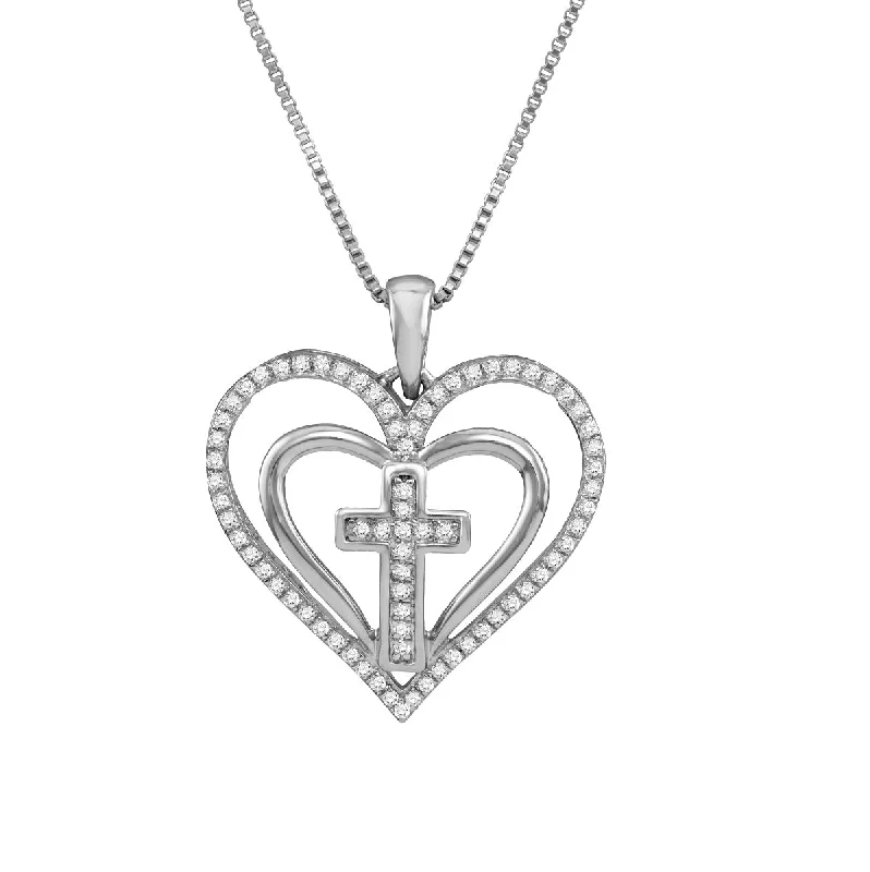 10KT White Gold 1/5 CTW 18-inch Cross Heart Pendant