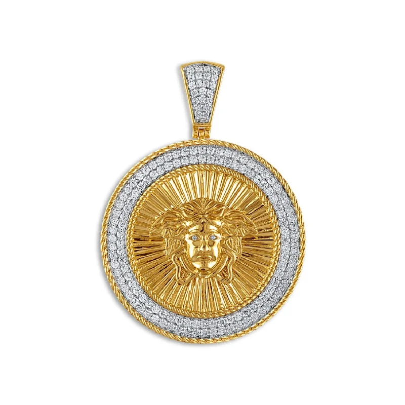 10KT Yellow Gold 1-1/2 CTW Round Diamond 35MM Medal Pendant. Chain Not Included