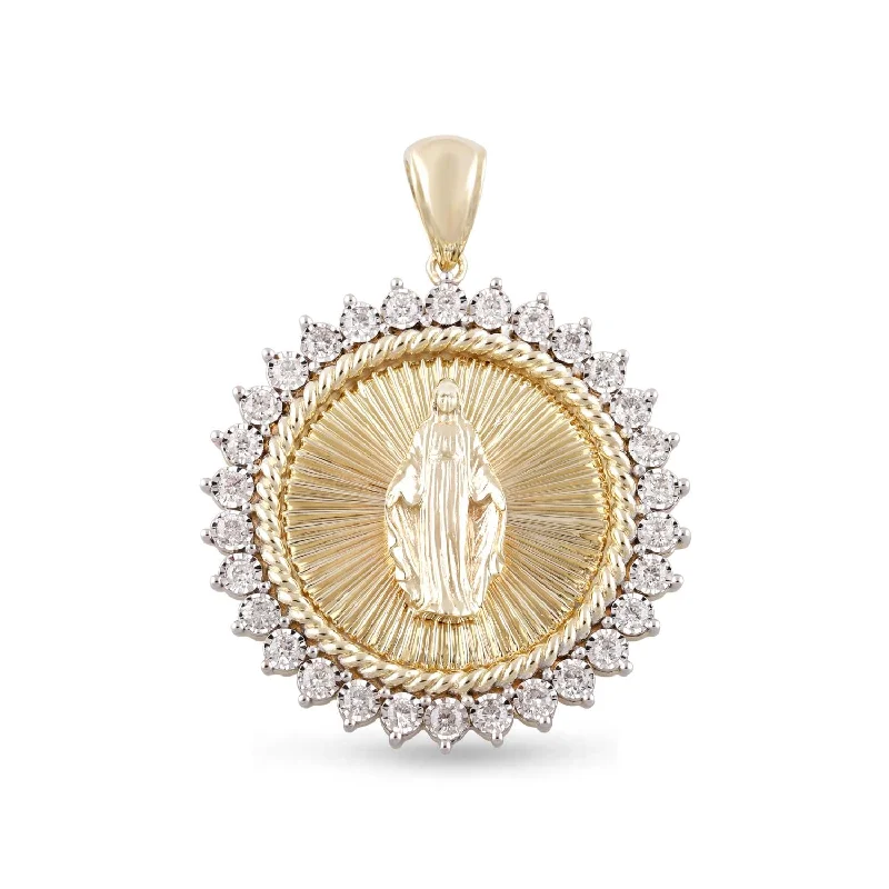 10KT Yellow Gold 1-1/4 CTW Round Diamond 35MM Guadalupe Medal Pendant. Chain Not Included