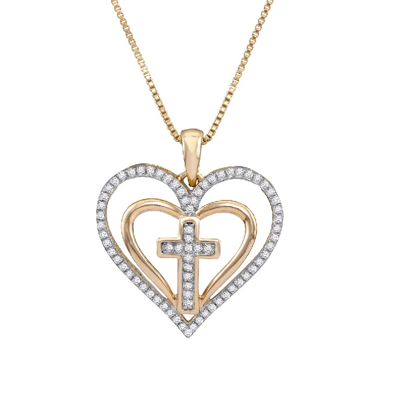 10KT Yellow Gold 1/5 CTW Diamond 18-inch Cross Heart Pendant