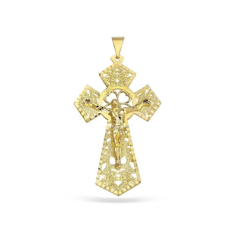 10KT Yellow Gold 92X48MM Filigree Crucifix Cross Pendant. Chain Not Included