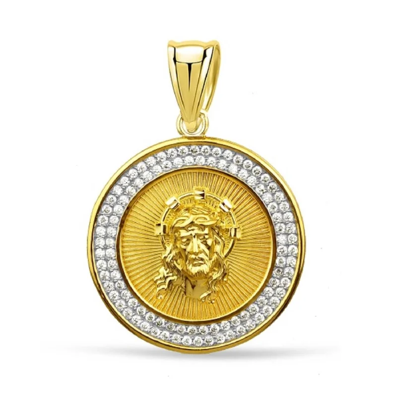 10KT Yellow Gold Cubic Zirconia 30MM Religious Christ Pendant. Chain Not Included