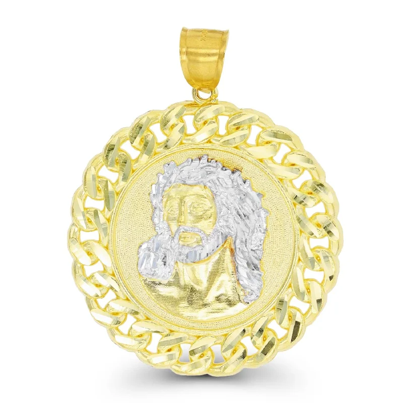 10KT Yellow Gold With Rhodium Plating 64X50MM Jesus Christ Medal Pendant. Chain Not Included