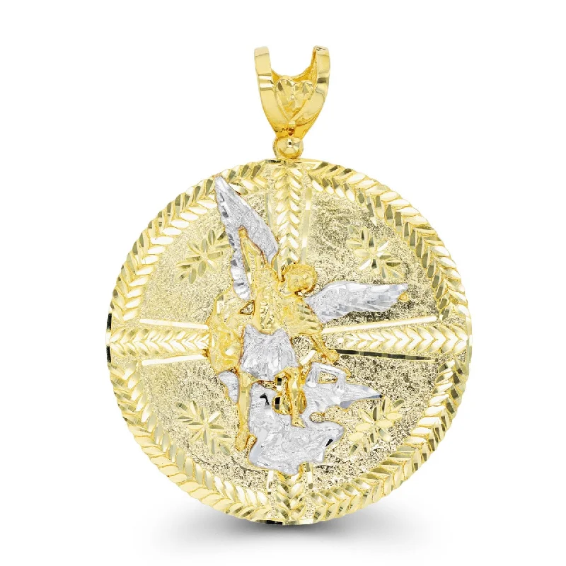 10KT Yellow Gold With Rhodium Plating 80X62MM Religious St. Michael Pendant. Chain Not Included