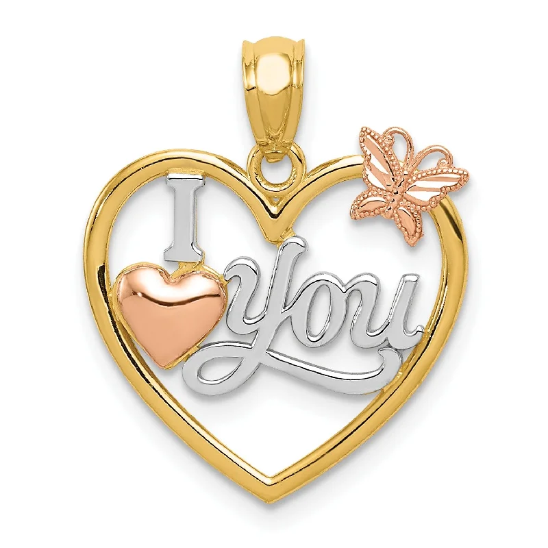 14KT Gold Tri-Color 20X17MM Heart I Love You Pendant. Chain Not Included