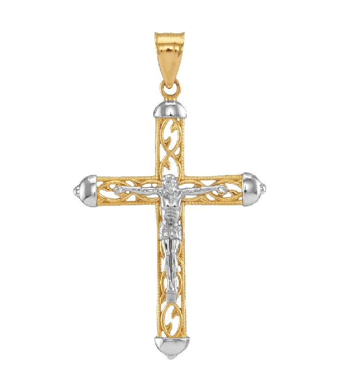 14KT White and Yellow Gold 40X27MM Crucifix Cross Pendant. Chain Not Included