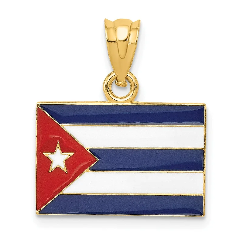 14KT Yellow Gold 21X18MM Enamel Cuba Flag Pendant. Chain Not Included