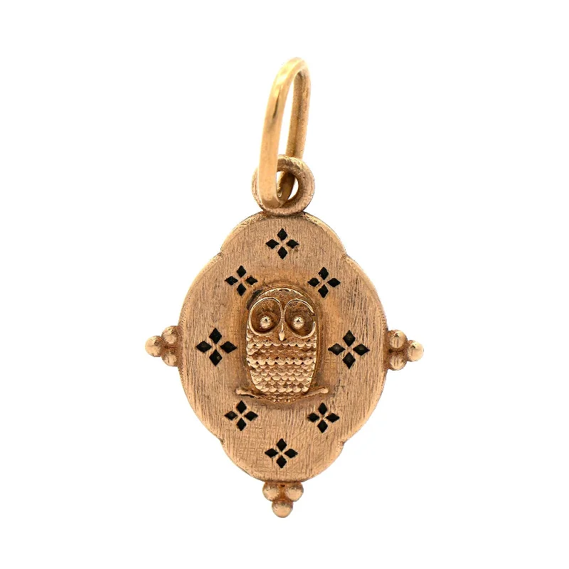 14K Yellow Gold Small Ornate Oval Owl Charm