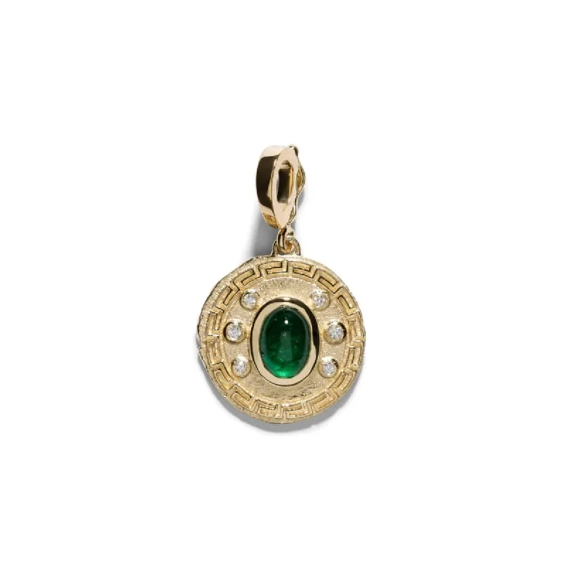 18K Yellow Gold Greek Pattern Diamond and Emerald Coin Charm