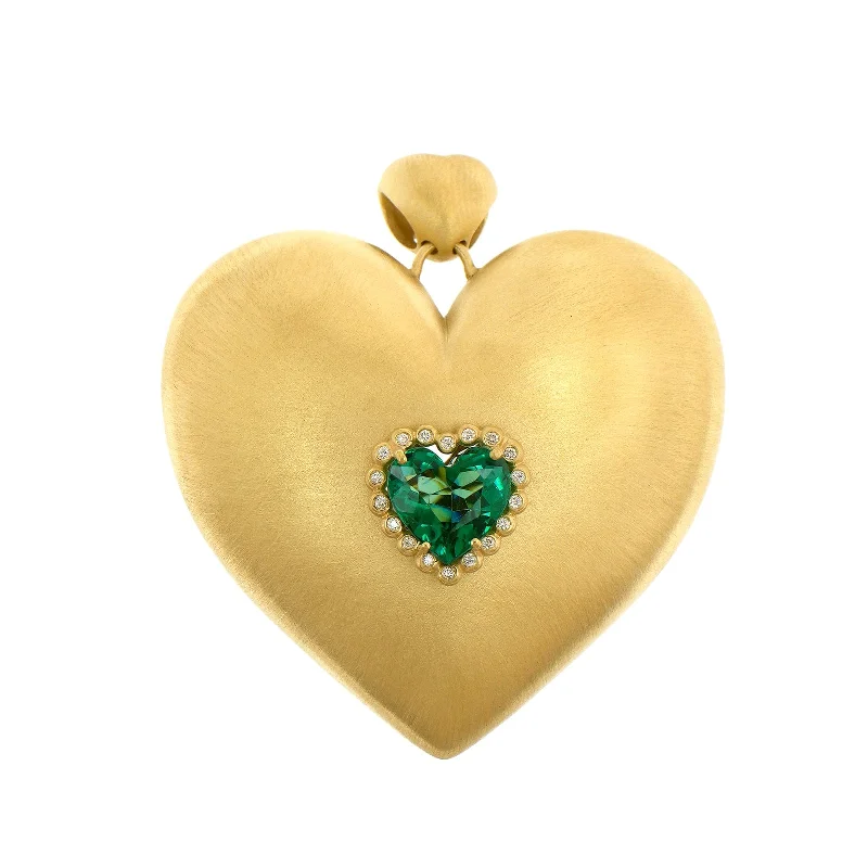 Suzy Landa 18K Yellow Gold Green Tourmaline and Diamond Puffy Heart Pendant