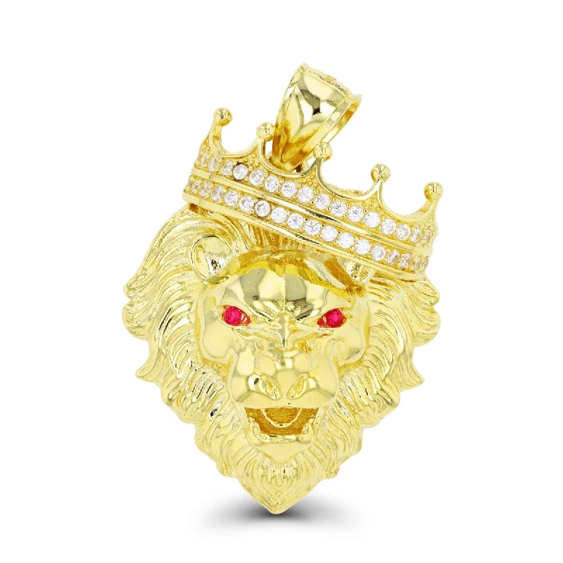 Luxe Layers 10KT Yellow Gold Cubic Zirconia 44X30MM Lion Head With Crown Pendant. Chain Not Included