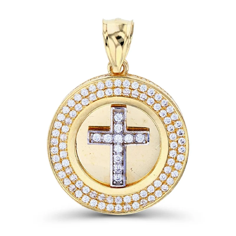 Luxe Layers 14KT White and Yellow Gold Cubic Zirconia 30X21MM Cross Medal Pendant. Chain Not Included