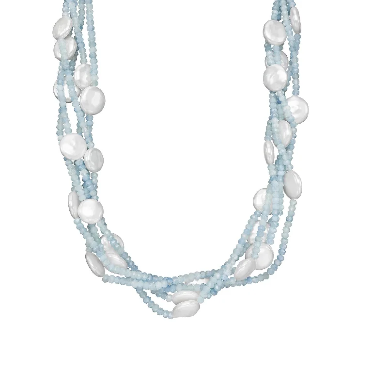 Sabel Pearl White Coin Freshwater Cultured Pearl and Aquamarine Bead Five Row Necklace