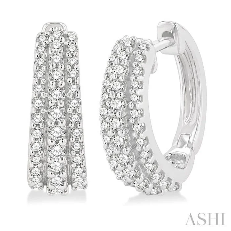 1/2 ctw Triple Row Round Cut Diamond Huggie Earrings in 14K White Gold