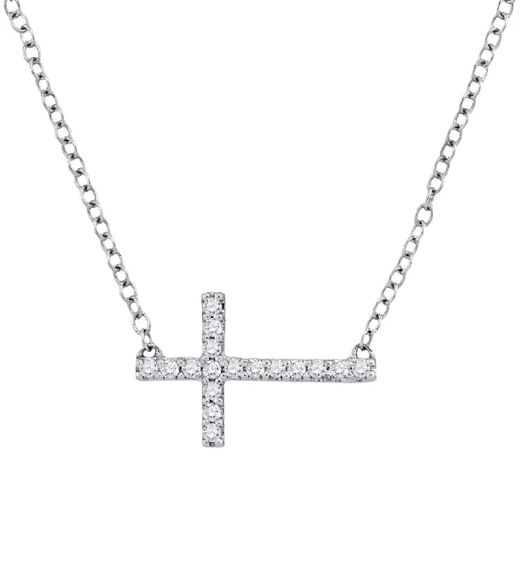 Rhodium Plated Sterling Silver Diamond 18-inch Cross Sideway Pendant