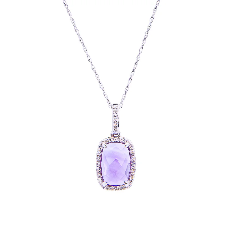 Sabel Collection 14K White Gold Cushion Cut Amethyst and Diamond Pendant