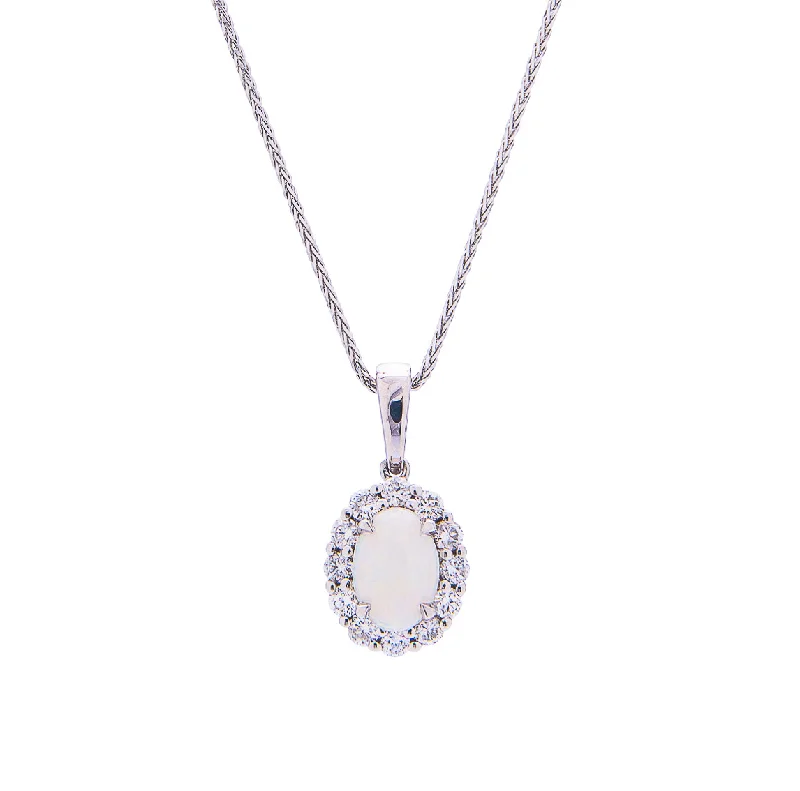 Sabel Collection 14K White Gold Oval Opal and Diamond Halo Pendant