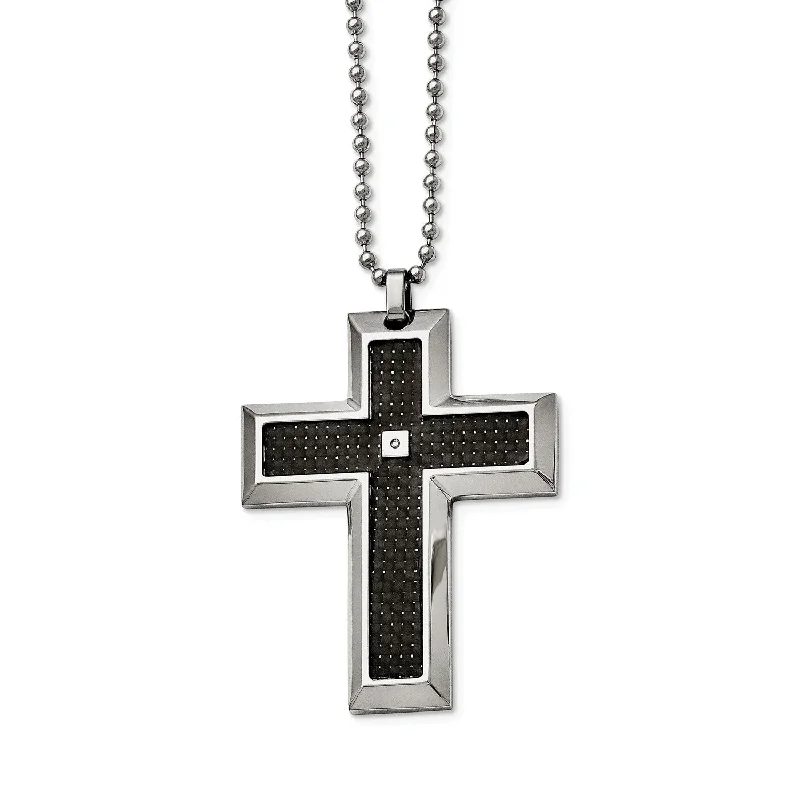 Stainless Steel Blk Carbon Fiber Inlay .01ct Diamond Accent Cross Pendant