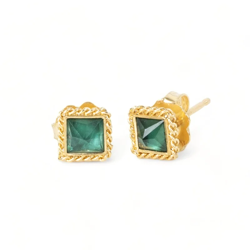 Teal Square Tourmaline Stud Earrings