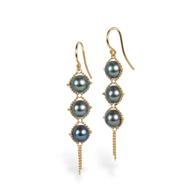 Textile Trio Earrings in Blue Akoya Pearl