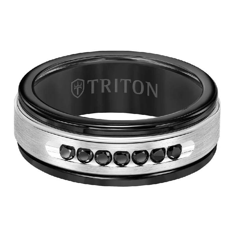 8MM Black Tungsten Carbide Ring - Black Diamonds 14K White Gold Insert with Round Edge