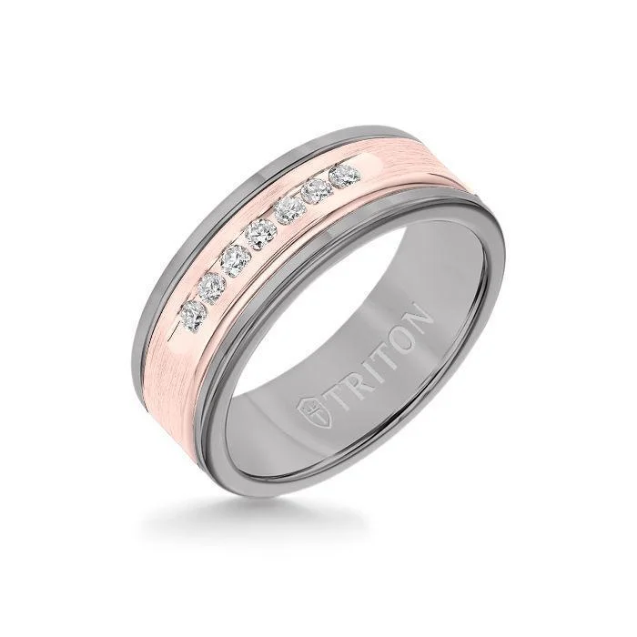 8MM Grey Tungsten Carbide Ring - White Diamonds 14K Rose Gold Insert with Round Edge