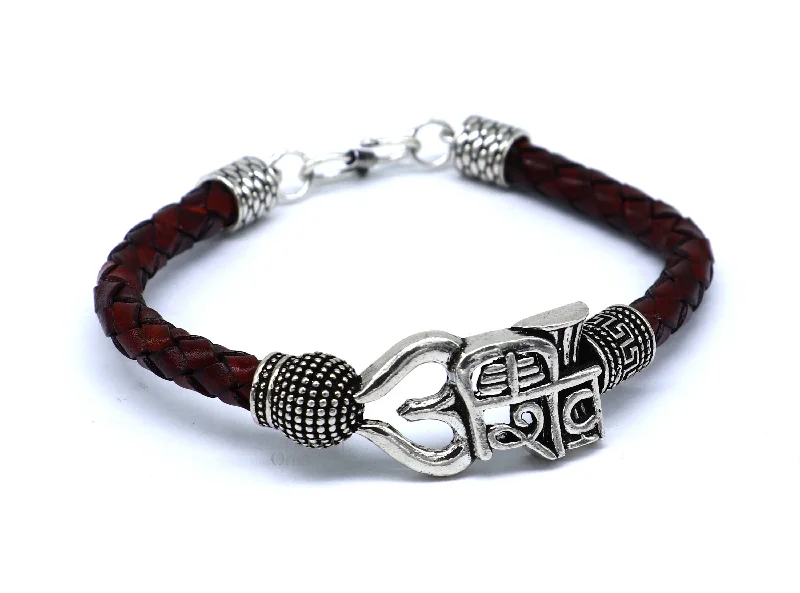 9" long 925 sterling silver customized design lord Shiva Mahadeva bracelet, leather belt trident shiva bracelet best gift for him Rnsbr587