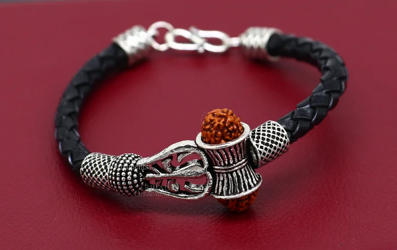 925 sterling silver customized trident design lord Shiva rudraksha bracelet, leather belt trident shiva bracelet best gift for him Rnsbr600