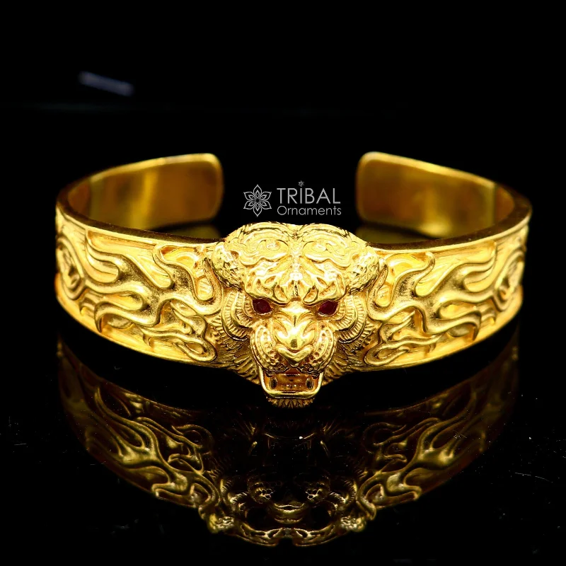 925 Sterling silver handmade excellent lion face solid cuff kada Gold polished bracelet amazing bracelet vintage style men's jewelry cuff147