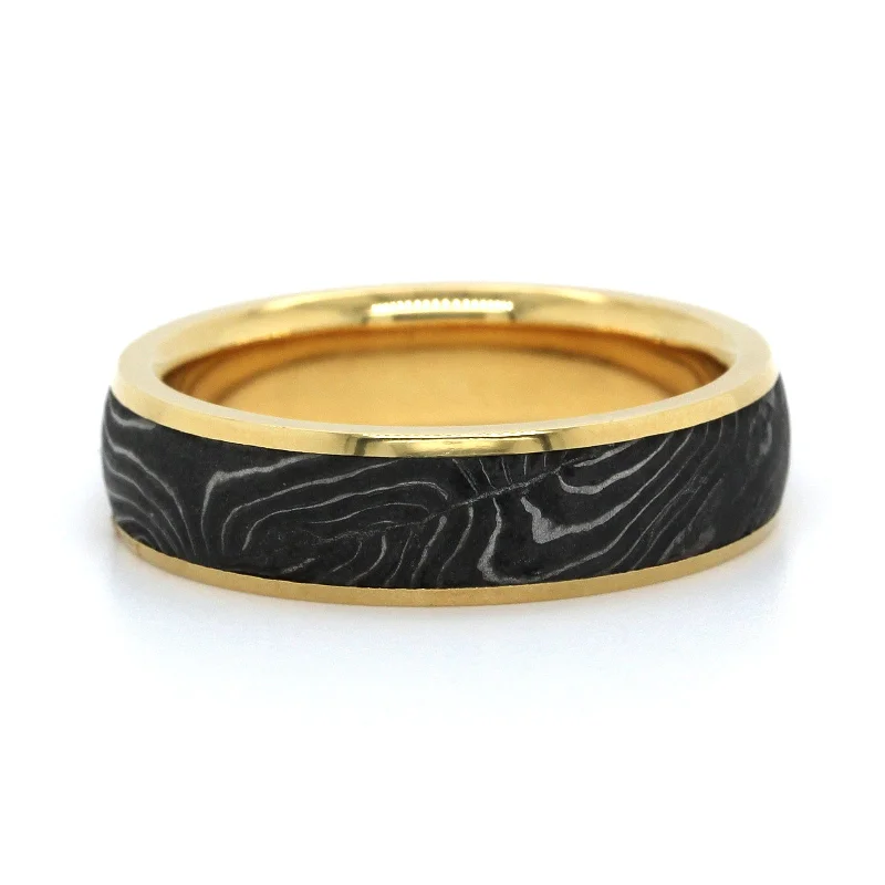 18K Yellow Gold and Damascus Steel Shotgun Barrel Wedding Band