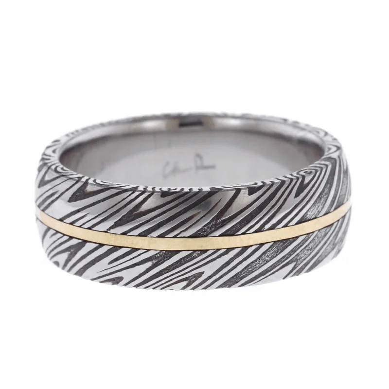 18K Yellow Gold and Damascus Steel Wood Grain Wedding Band