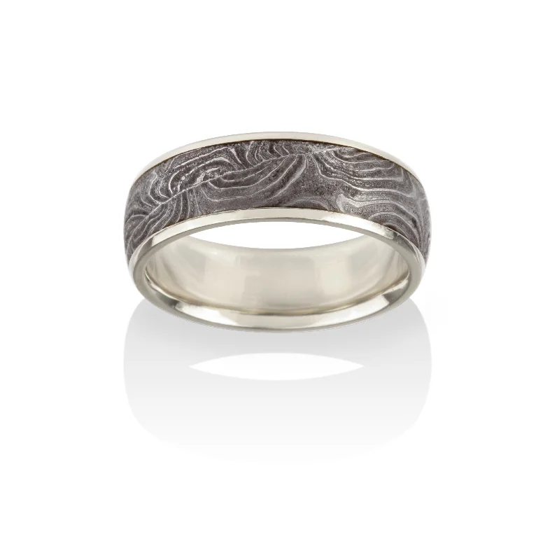 18K White Gold and Damascus Steel Shotgun Barrel Wedding Band