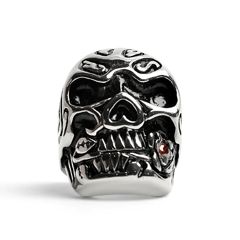 Stainless Steel Large Filigree Skull Biting Red CZ Rose Ring / SCR4000