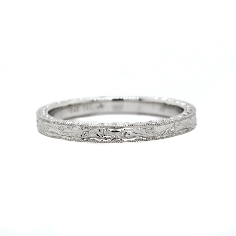 14K White Gold Engraved Milgrain Band