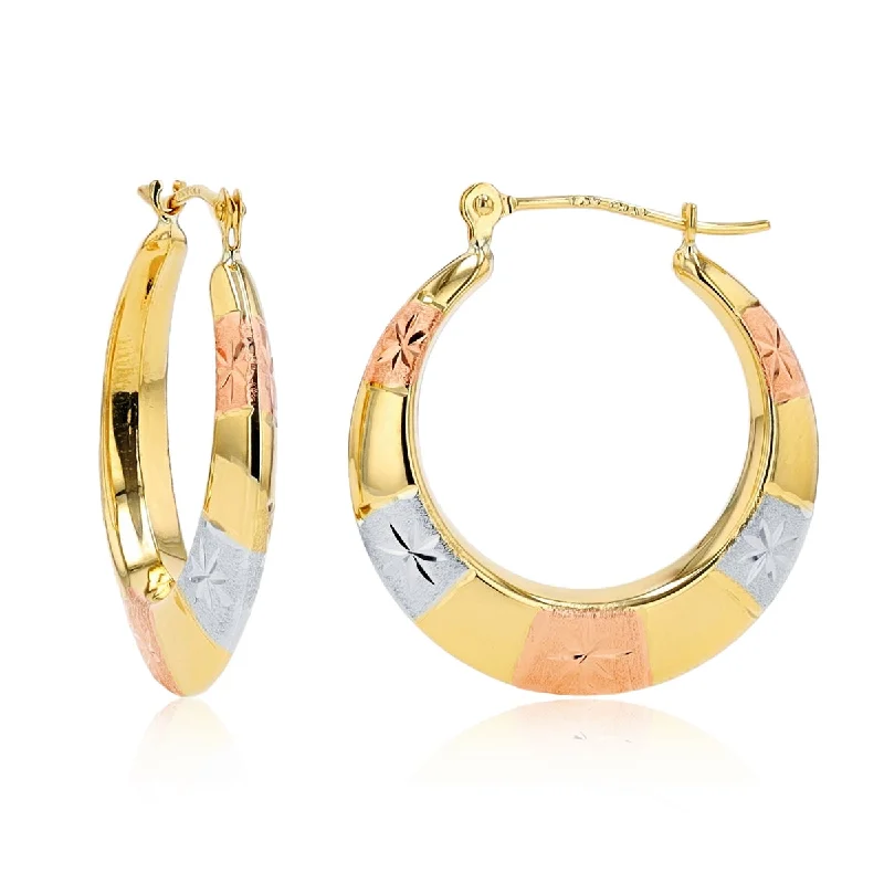 10KT Gold Tri-Color 3.6X23MM Diamond-cut Hoop Earrings