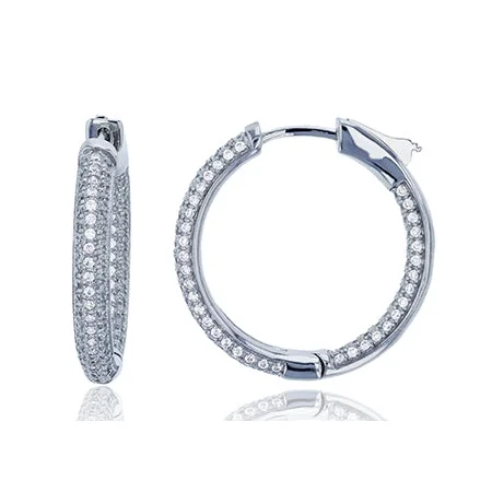 Sterling Silver Cubic Zirconia 3X25MM Safety Clasp In & Out Hoop Earrings