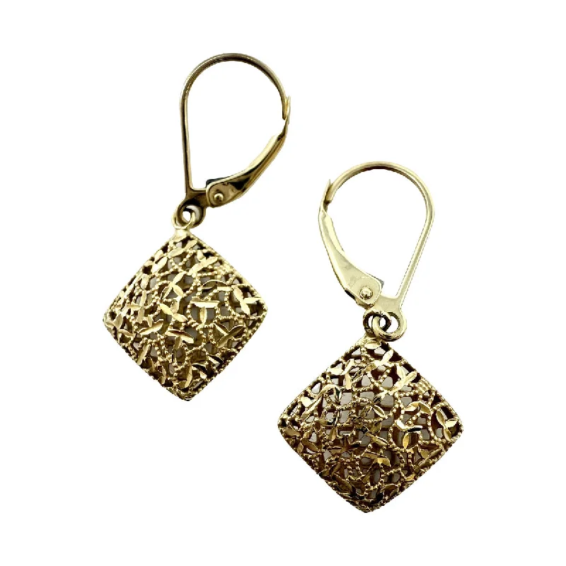 14K Gold Square Filigree Dangle Earrings