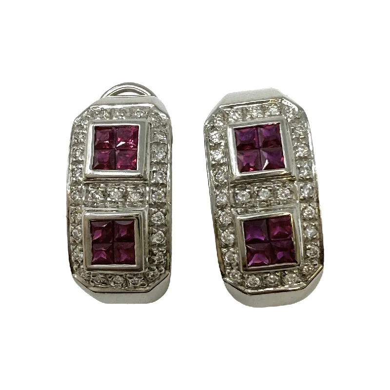 14K White Gold Huggie Earrings with Ruby and Diamonds