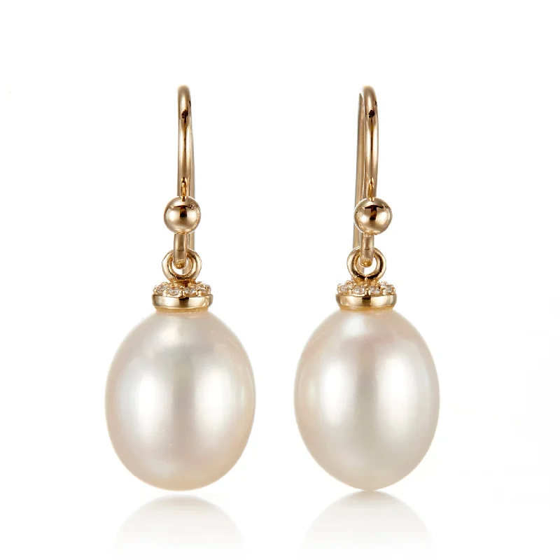 Diamond-Cap Pearl Drop Earrings