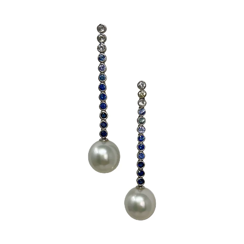 18K White Gold Drop Earrings with Sapphire and South Sea Pearl