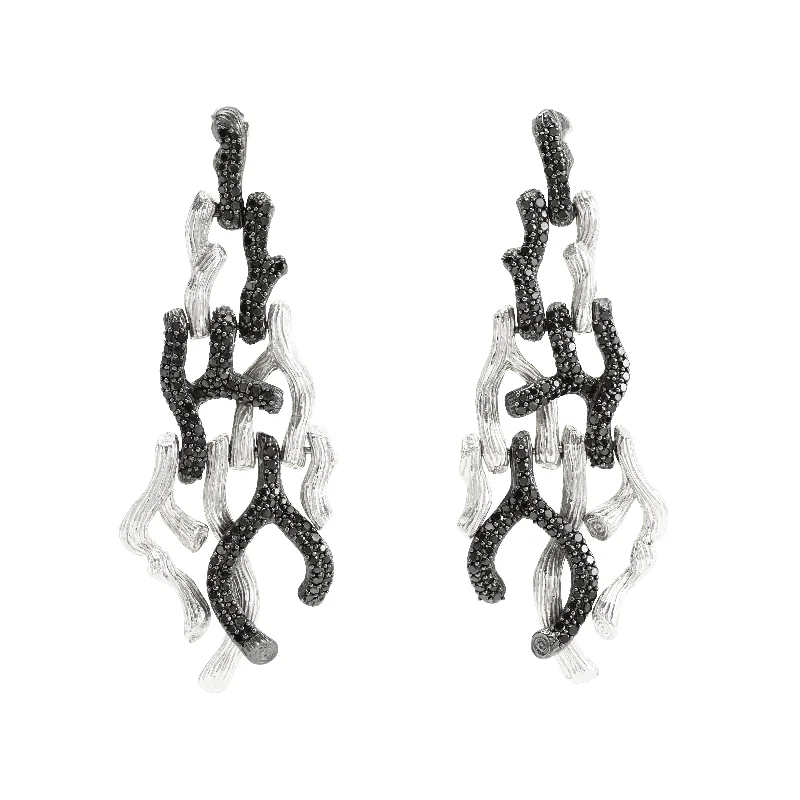 Branch Coral Chandelier Earrings with Diamonds - Silver