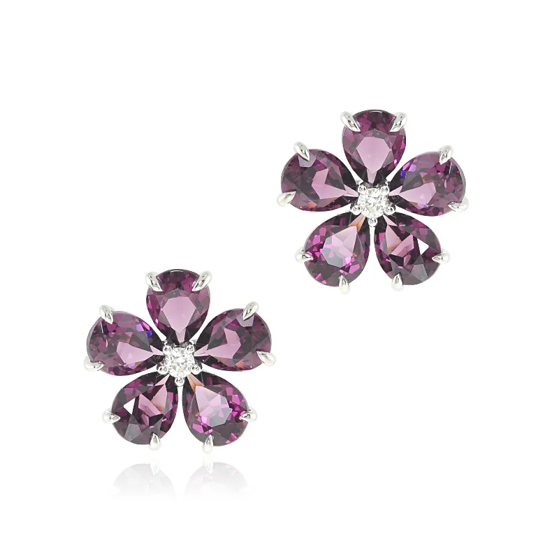 Forget-Me-Not Earrings in Rhodolite Garnet & Diamonds