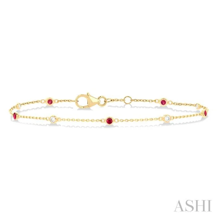 1/10 ctw 1.80MM Ruby and Bezel Set Round Cut Diamond Precious Gemstone Station Bracelet in 14K Yellow Gold