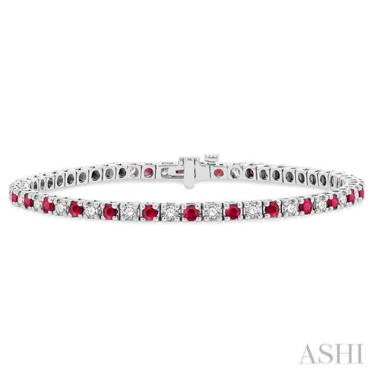 1 1/2 ctw Square Box Link 2.5MM Ruby and Round Cut Diamond Precious Tennis Bracelet in 14K White Gold